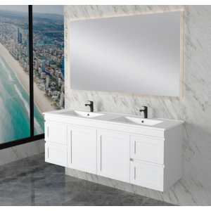 Mia 1500 Matte White Wall Hung Vanities Double Bowl Cabinet Only